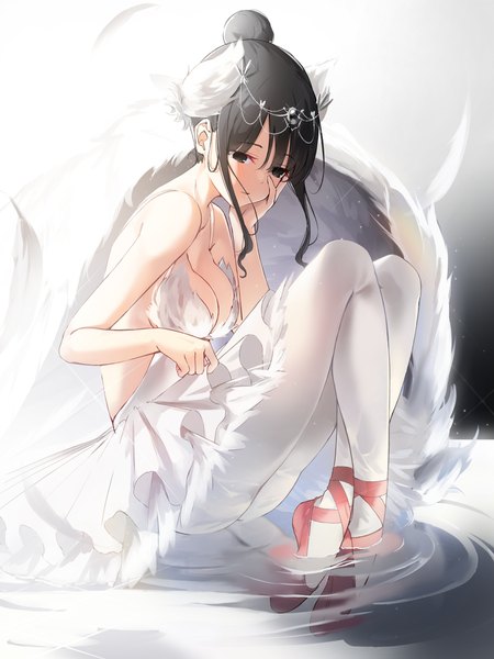 Anime picture 3000x4000 with original kimyo single tall image blush fringe highres short hair breasts light erotic black hair hair between eyes large breasts sitting bare shoulders payot looking away cleavage full body bent knee (knees)