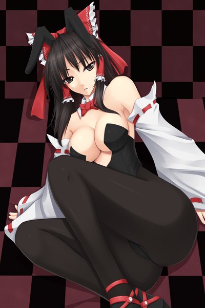 Anime picture 800x1200 with touhou hakurei reimu shuugetsu karasu single long hair tall image looking at viewer breasts light erotic black hair animal ears black eyes bunny ears checkered background girl bow hair bow detached sleeves bunnysuit