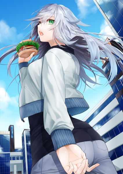 Anime picture 800x1133 with original dodome ichika waka (shark waka) single long hair tall image looking at viewer fringe breasts open mouth hair between eyes standing holding green eyes yellow eyes sky silver hair cloud (clouds) outdoors long sleeves