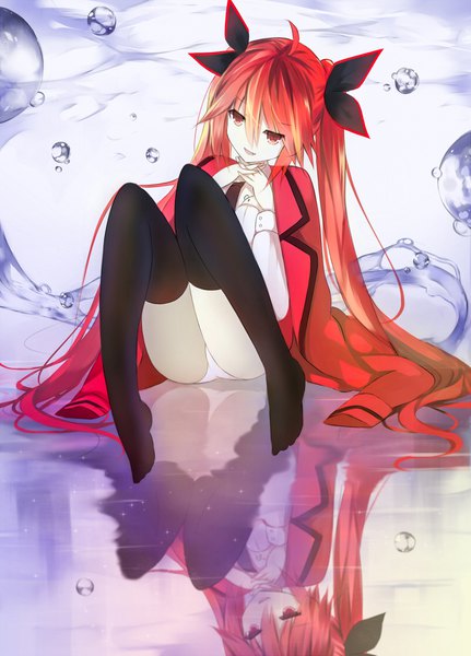 Anime picture 800x1113 with date a live itsuka kotori senya fuurin single long hair tall image fringe light erotic smile hair between eyes red eyes sitting twintails looking away ahoge red hair parted lips pantyshot reflection girl