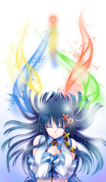 Anime picture 1120x1920 with os-tan xp-tan (saseko) tsukineko single long hair tall image white background blue hair eyes closed inscription hieroglyph girl hair ornament ribbon (ribbons) hair ribbon detached sleeves