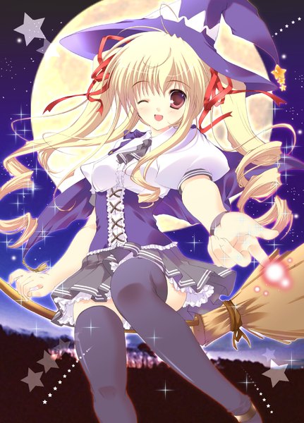 Anime picture 1200x1668 with mikeou single long hair tall image blonde hair red eyes one eye closed wink night magic witch broom riding girl ribbon (ribbons) hat star (symbol) moon witch hat full moon broom