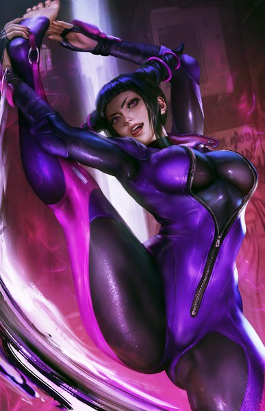 Anime picture 2509x3888 with street fighter capcom han juri logan cure single tall image looking at viewer fringe highres short hair breasts open mouth light erotic black hair large breasts standing purple eyes blunt bangs nail polish fingernails