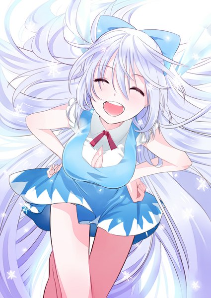 Anime picture 708x1000 with touhou cirno yamada ranga single tall image blush open mouth purple hair eyes closed very long hair from above alternate hairstyle hands on hips alternate hair length girl dress bow hair bow wings snowflake (snowflakes)