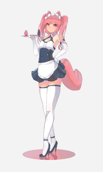 Anime picture 1135x1878 with original ehrrr single long hair tall image looking at viewer fringe simple background smile standing twintails bare shoulders holding animal ears payot pink hair full body tail animal tail pleated skirt