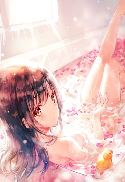 Anime picture 688x1000 with original sano mana hiten (hitenkei) single long hair tall image looking at viewer blush fringe light erotic brown hair bent knee (knees) indoors parted lips looking back from above nude from behind sunlight wet