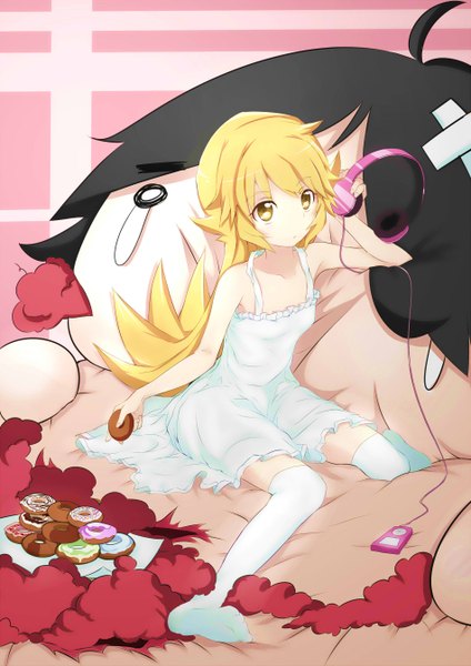 Anime picture 1900x2686 with bakemonogatari nisemonogatari shaft (studio) monogatari (series) oshino shinobu caibao long hair tall image highres blonde hair yellow eyes loli girl food headphones sundress doughnut digital media player