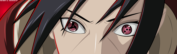 Anime picture 3760x1163 with naruto studio pierrot naruto (series) uchiha itachi gold-mk single highres short hair black hair red eyes wide image coloring close-up face red background akatsuki sharingan boy