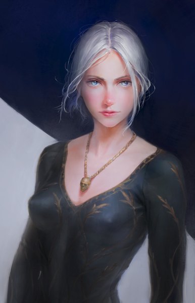 Anime picture 1237x1920 with original arata yokoyama single tall image looking at viewer blush short hair light erotic simple background silver hair upper body lips realistic covered nipples silver eyes girl dress black dress pendant skull