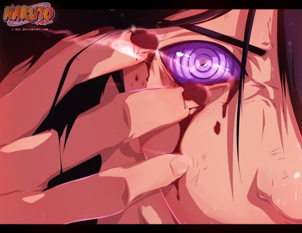 Anime picture 1800x1394 with naruto studio pierrot naruto (series) uchiha madara i-azu single long hair highres black hair purple eyes inscription coloring glowing watermark letterboxed close-up face glowing eye (eyes) rinnegan boy