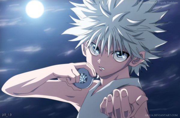 Anime picture 1200x789 with hunter x hunter killua zaoldyeck ar-ua single short hair blue eyes cloud (clouds) grey hair night sky coloring muscle angry boy full moon