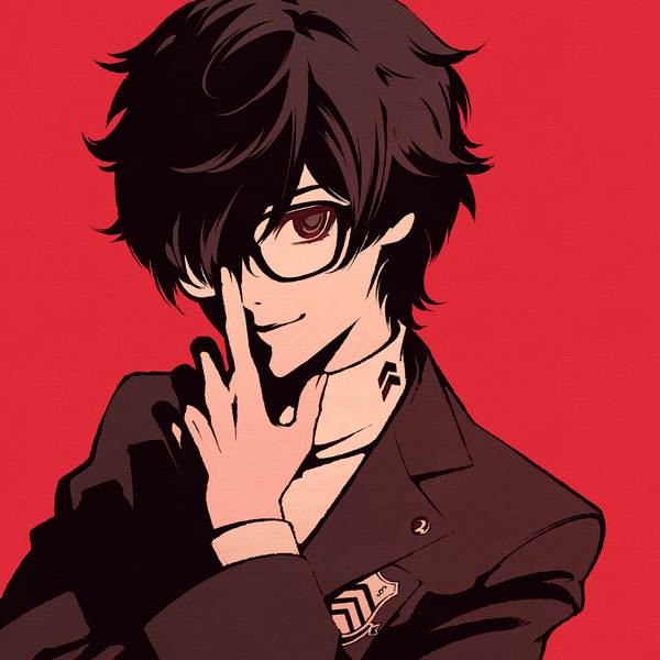 Anime picture 1080x1080 with persona 5 persona amamiya ren moshimoshibe single looking at viewer fringe short hair black hair simple background smile upper body arm up black eyes hair over one eye portrait red background adjusting glasses high contrast boy