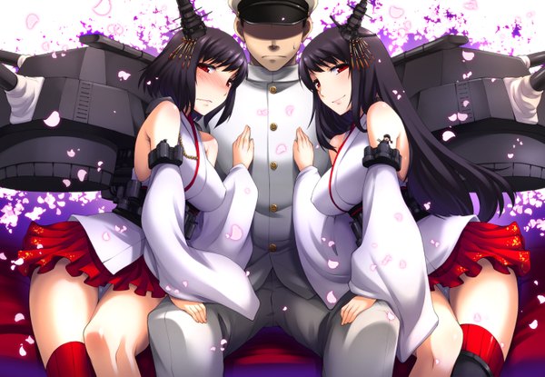 Anime picture 1445x1000 with kantai collection admiral (kantai collection) yamashiro battleship fusou battleship fairy (kantai collection) hisakawa chin long hair blush short hair light erotic black hair red eyes sitting multiple girls pantyshot pantyshot sitting nontraditional miko girl hair ornament underwear