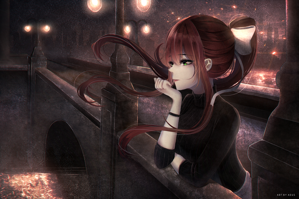 Anime picture 1620x1080 with doki doki literature club monika (doki doki literature club) aeus single long hair fringe hair between eyes standing green eyes signed payot looking away outdoors ponytail red hair profile wind night alternate costume light