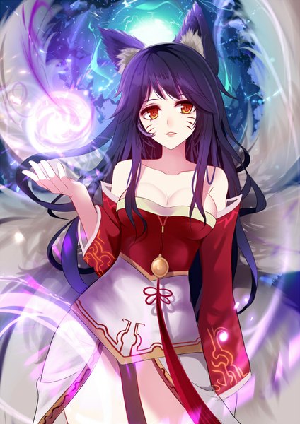 Anime picture 702x993 with league of legends ahri (league of legends) shiguru single long hair tall image looking at viewer fringe breasts standing bare shoulders animal ears cleavage purple hair tail traditional clothes parted lips wide sleeves orange eyes leaning
