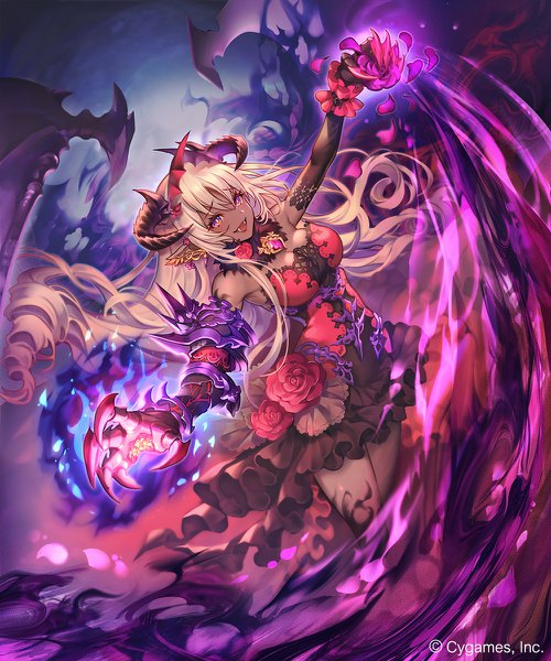 Anime picture 1000x1200 with shadowverse nightprowl vampire madogawa single long hair tall image looking at viewer fringe open mouth blonde hair smile hair between eyes standing purple eyes bare shoulders payot cleavage :d horn (horns) wind