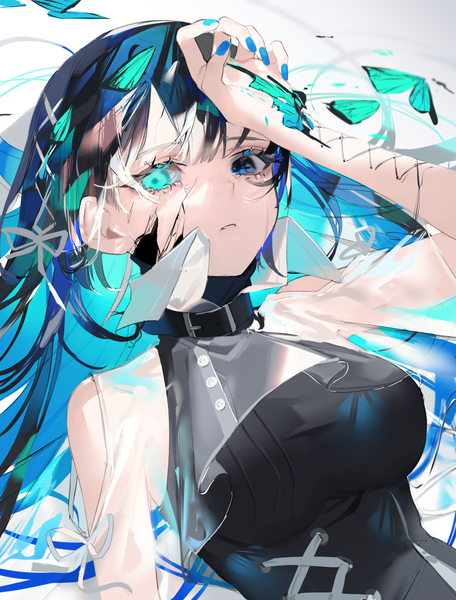 Anime picture 1338x1760 with original zumi (neronero126) single long hair tall image looking at viewer black hair bare shoulders upper body nail polish multicolored hair aqua hair tears heterochromia colored inner hair hand on head blue nail polish girl hair ornament insect