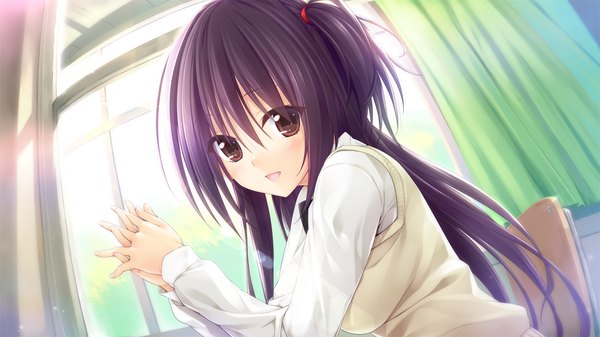 Anime picture 1280x720 with pretty x cation hibiki works nozomi asagiri single long hair looking at viewer blush open mouth black hair wide image brown eyes game cg one side up girl