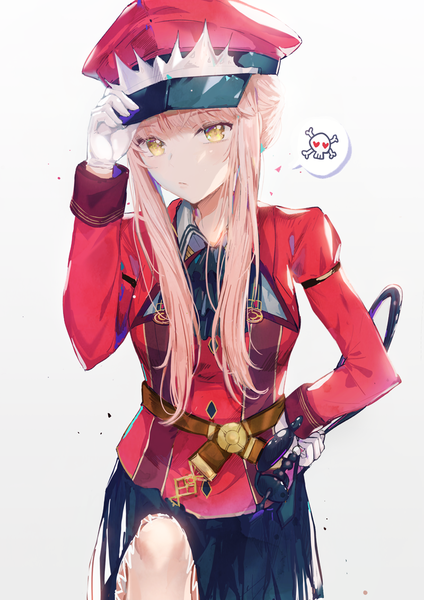 Anime picture 800x1132 with fate (series) fate/grand order medb (fate) dangmill single long hair tall image looking at viewer fringe simple background holding yellow eyes payot pink hair long sleeves hand on hip gradient background adjusting hat military adjusting clothes