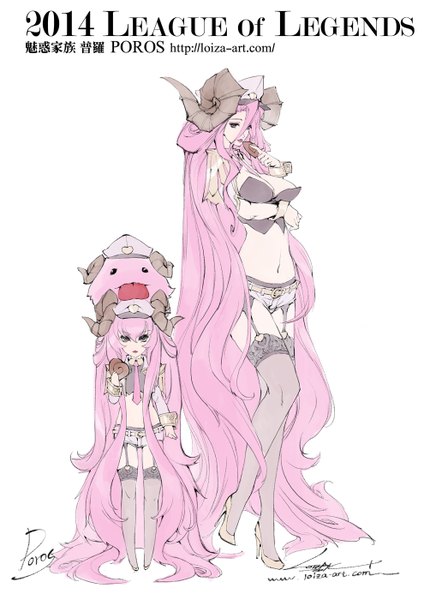 Anime picture 990x1400 with league of legends poro (league of legends) loiza tall image looking at viewer breasts light erotic simple background white background multiple girls pink hair very long hair horn (horns) black eyes inscription girl thighhighs navel black thighhighs 2 girls