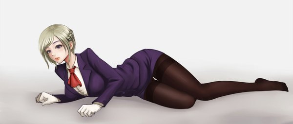Anime picture 1600x681 with seiryu zaiten single looking at viewer short hair light erotic simple background wide image purple eyes lips grey hair girl gloves pantyhose
