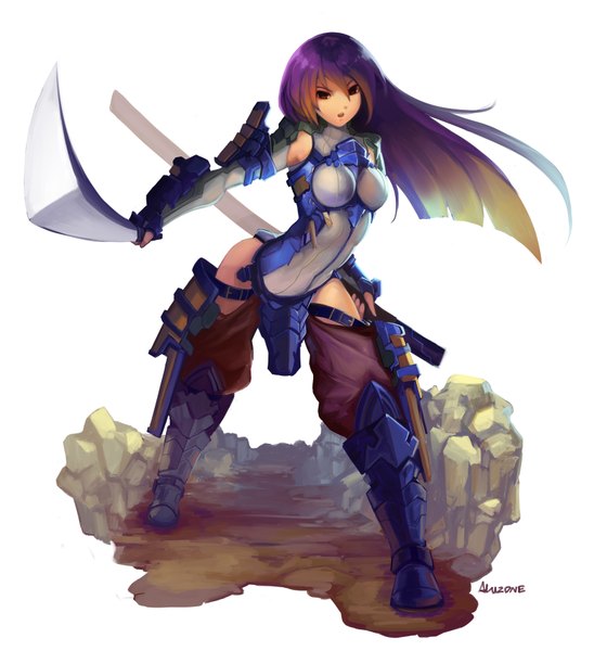 Anime picture 3205x3507 with original akizone long hair tall image highres open mouth simple background red eyes brown hair white background signed absurdres girl weapon sword boots armor katana bodysuit