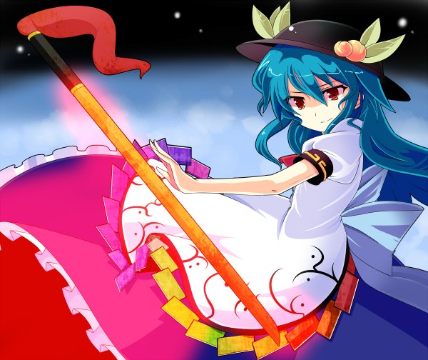 Anime picture 1200x1008 with touhou hinanawi tenshi red eyes blue hair girl bow hat sword