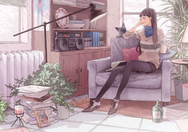 Anime picture 1000x707 with original kujyoo long hair fringe smile sitting holding looking away indoors girl plant (plants) animal pantyhose tree (trees) shorts window pillow book (books) cat sweater