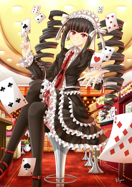 Anime picture 826x1169 with dangan ronpa celestia ludenberg villyane single long hair tall image looking at viewer black hair smile red eyes twintails drill hair casino girl thighhighs dress black thighhighs necktie frills card (cards)