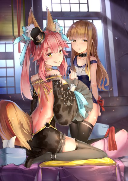 Anime picture 4960x7016 with fate (series) fate/extra tamamo (fate) (all) tamamo no mae (fate) kishinami hakuno (female) hohaku long hair tall image looking at viewer blush fringe highres light erotic hair between eyes brown hair sitting bare shoulders multiple girls brown eyes animal ears