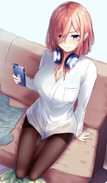 Anime picture 1000x1703 with go-toubun no hanayome nakano miku borushichi single long hair tall image looking at viewer blush fringe breasts blue eyes light erotic brown hair large breasts sitting holding full body indoors light smile from above