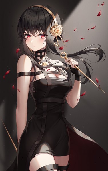 Anime picture 1500x2383 with spy x family yor briar nowsicaa single long hair tall image looking at viewer blush fringe breasts black hair hair between eyes red eyes large breasts standing holding cleavage floating hair arm behind back dual wielding