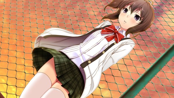 Anime picture 1280x720 with tsuisou no augment hinasaki you short hair black hair wide image game cg ponytail black eyes side ponytail girl thighhighs skirt uniform school uniform miniskirt white thighhighs bowtie