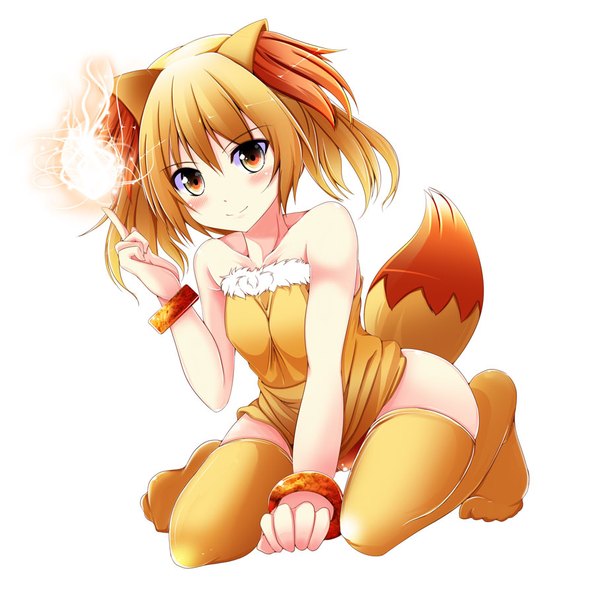 Anime picture 902x909 with pokemon pokemon (game) pokemon xy nintendo fennekin kiki (koikuchikinako) single tall image looking at viewer blush fringe short hair light erotic simple background blonde hair smile hair between eyes white background twintails bare shoulders