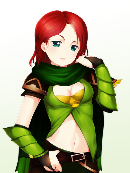 Anime picture 1425x1900 with dota 2 (game) windranger (dota 2) eventh7 single long hair tall image looking at viewer blush simple background white background green eyes cleavage red hair girl navel belt