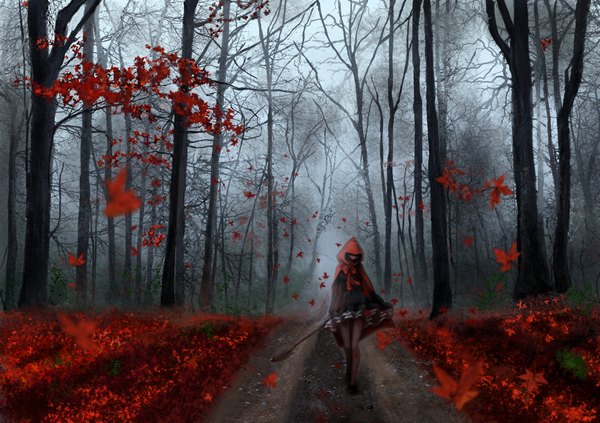 Anime picture 2038x1440 with original ximbixill single highres autumn girl dress plant (plants) tree (trees) black dress hood leaf (leaves) blood forest autumn leaves maple leaf shovel