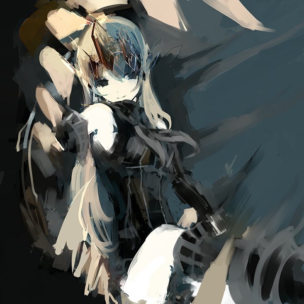 Anime picture 1000x1000 with kantai collection aircraft carrier water oni mark (abenyugu) single long hair looking away grey hair grey eyes white skin shinkaisei-kan girl thighhighs black thighhighs detached sleeves headdress gorget