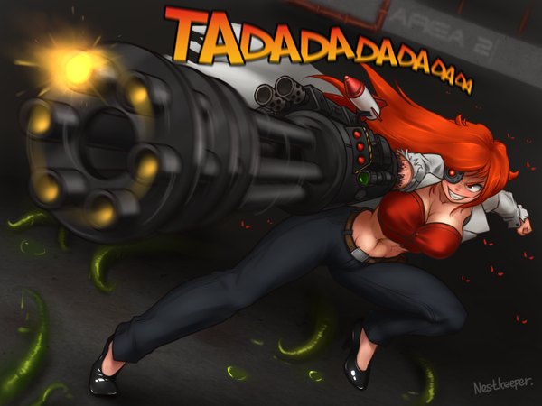 Anime picture 1024x768 with original nestkeeper single long hair breasts smile large breasts red hair open clothes open jacket girl navel weapon jacket belt gun pants