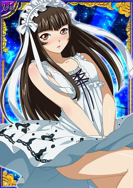 Anime picture 567x800 with ikkitousen teni single long hair tall image looking at viewer blush open mouth light erotic brown hair brown eyes card (medium) girl dress lolita hairband