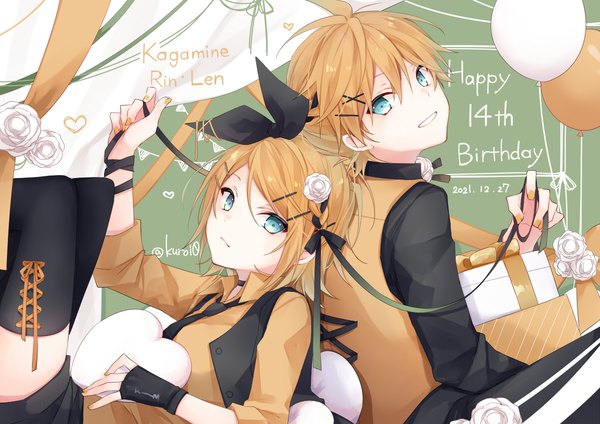 Anime picture 1200x848 with vocaloid kagamine rin kagamine len kuroi (liar-player) looking at viewer short hair blue eyes blonde hair smile signed nail polish character names twitter username grin dated siblings twins happy birthday brother and sister orange nail polish