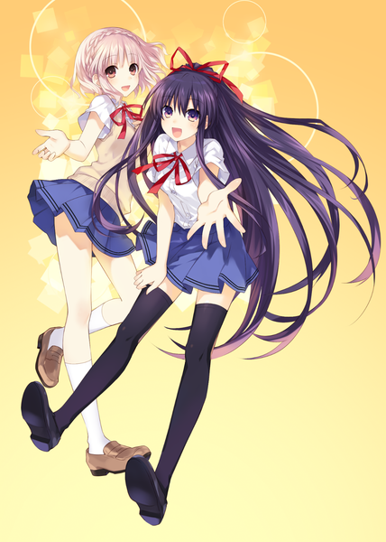 Anime picture 1280x1792 with date a live yatogami tooka tobiichi origami tsunako long hair tall image short hair open mouth red eyes purple eyes multiple girls silver hair purple hair official art zettai ryouiki girl thighhighs uniform ribbon (ribbons) black thighhighs