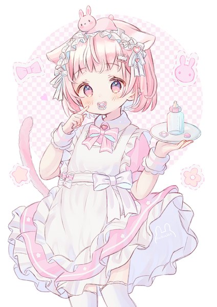 Anime picture 1000x1415 with original fruitsrabbit single tall image looking at viewer blush fringe short hair simple background standing animal ears pink hair tail animal tail pink eyes cat ears arms up maid cat girl cat tail