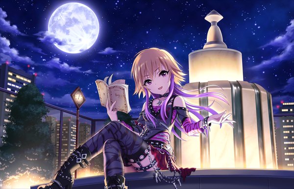 Anime picture 1280x824 with idolmaster idolmaster cinderella girls ninomiya asuka single long hair looking at viewer blonde hair purple eyes sky purple hair cloud (clouds) multicolored hair night two-tone hair invitation to the abyss girl thighhighs dress black thighhighs boots