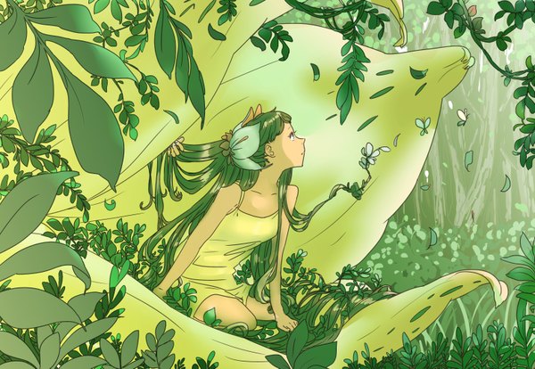 Anime picture 1560x1077 with miyama fugin single long hair sitting profile hair flower green hair kneeling nature girl hair ornament plant (plants) petals tree (trees) forest