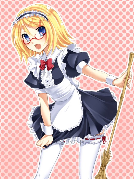 Anime picture 1200x1600 with vocaloid kagamine rin yayoi (egoistic realism) tall image short hair open mouth blue eyes blonde hair maid polka dot polka dot background girl thighhighs white thighhighs glasses headdress hairband maid headdress apron broom