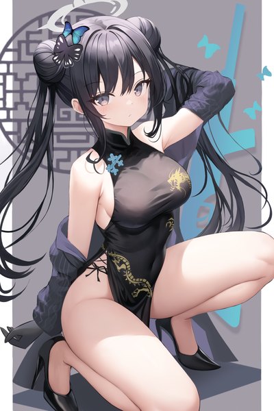 Anime picture 1024x1536 with blue archive kisaki (blue archive) un uk single long hair tall image looking at viewer blush fringe breasts light erotic black hair simple background hair between eyes large breasts twintails payot bent knee (knees) traditional clothes arm up