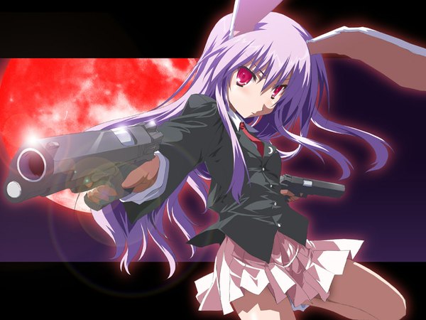 Anime picture 1024x768 with touhou reisen udongein inaba yamano sachi long hair red eyes holding animal ears purple hair pleated skirt bunny ears bunny girl dual wielding red moon girl skirt necktie gun moon blazer