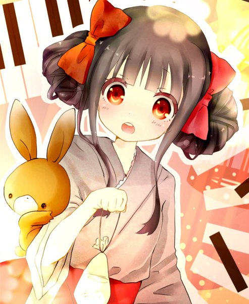 Anime picture 1052x1280 with original ryuuketsu meruhen single tall image looking at viewer blush fringe open mouth black hair red eyes sitting payot traditional clothes japanese clothes grey hair hair bun (hair buns) hug surprised sitting on person abstract