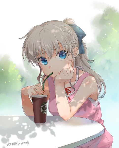 Anime picture 966x1200 with charlotte p.a. works starbucks tomori nao misaki juri single long hair tall image looking at viewer blush fringe blue eyes hair between eyes signed silver hair upper body ponytail blurry sleeveless dated