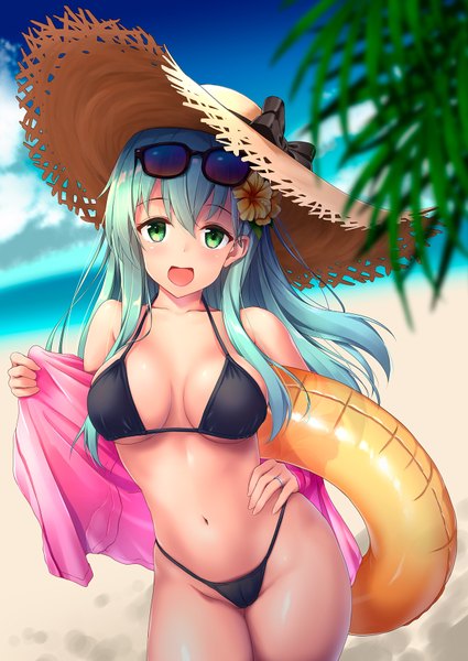 Anime picture 1254x1772 with kantai collection suzuya heavy cruiser awa yume single long hair tall image looking at viewer blush fringe breasts open mouth light erotic hair between eyes standing holding green eyes payot outdoors :d blurry